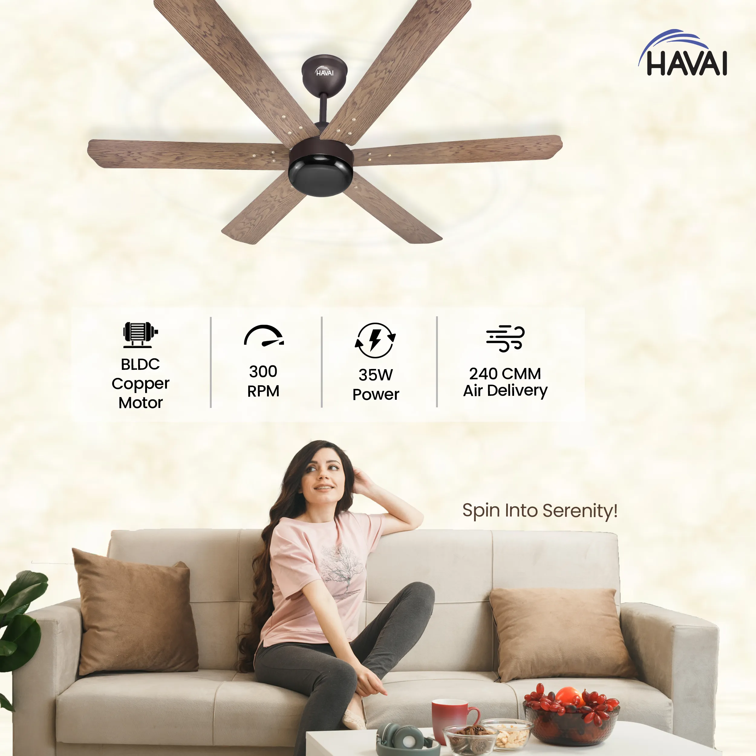 HAVAI Pristine Wooden Range BLDC Ceiling Fan - 6 Blades - 35W, Ashwood 1200mm Blade with Remote (BLACK 0.5 LED)…