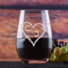 Heart and Arrow Etched Stemless Wine Glass Tumbler by Crystal Imagery