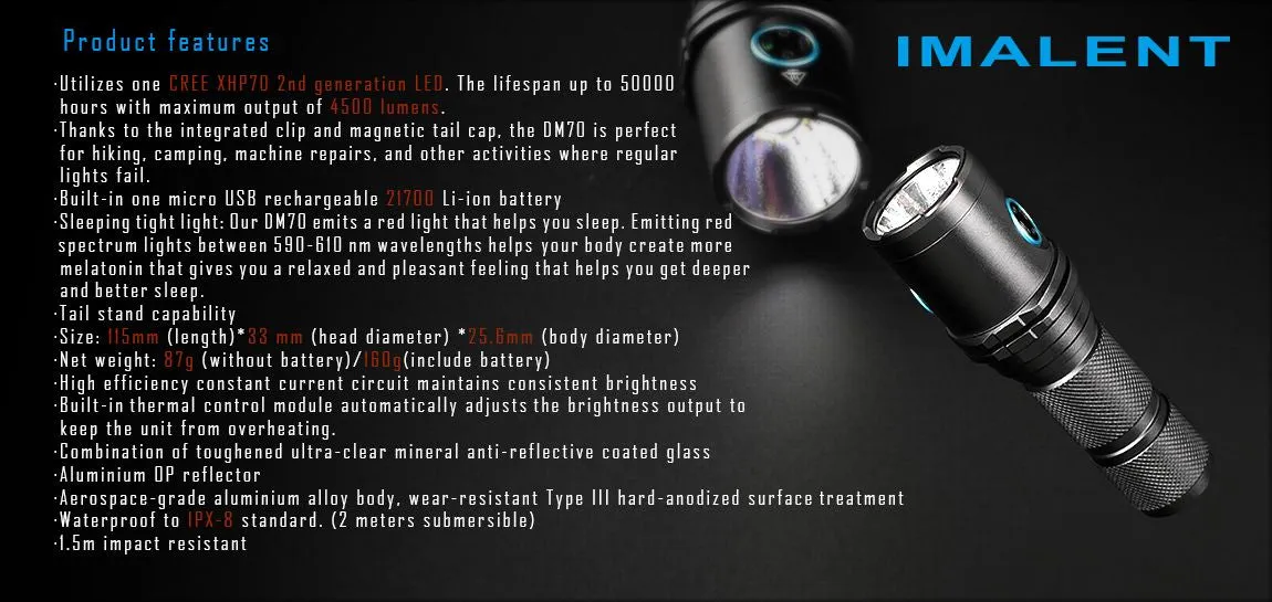 Imalent DM70 Flashlight LED Light with USB Rechargeable Battery Compact 4500 Lumens EDC Light