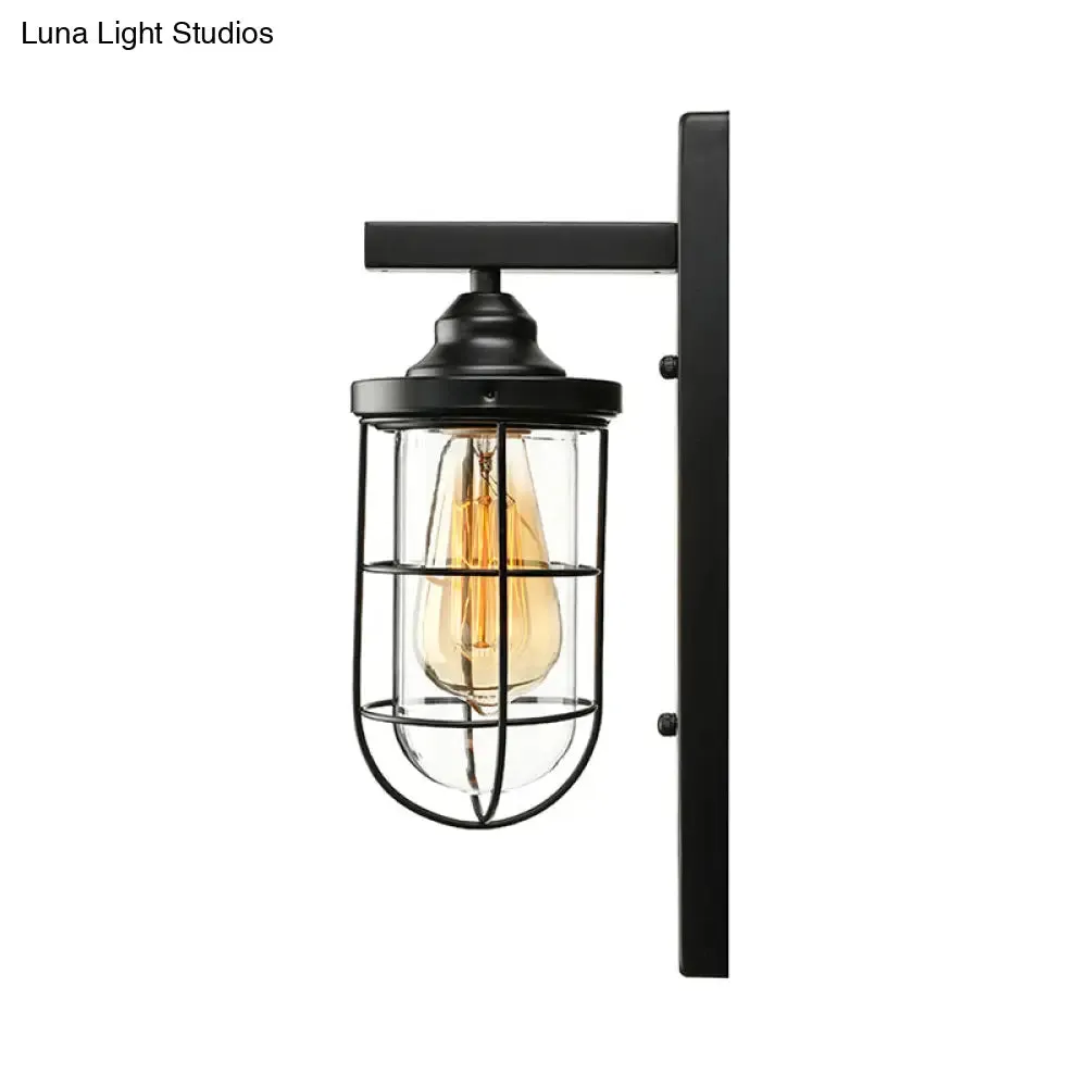 Industrial Black Clear Glass Wall Mounted Light Fixture with Cage - 1 Bulb