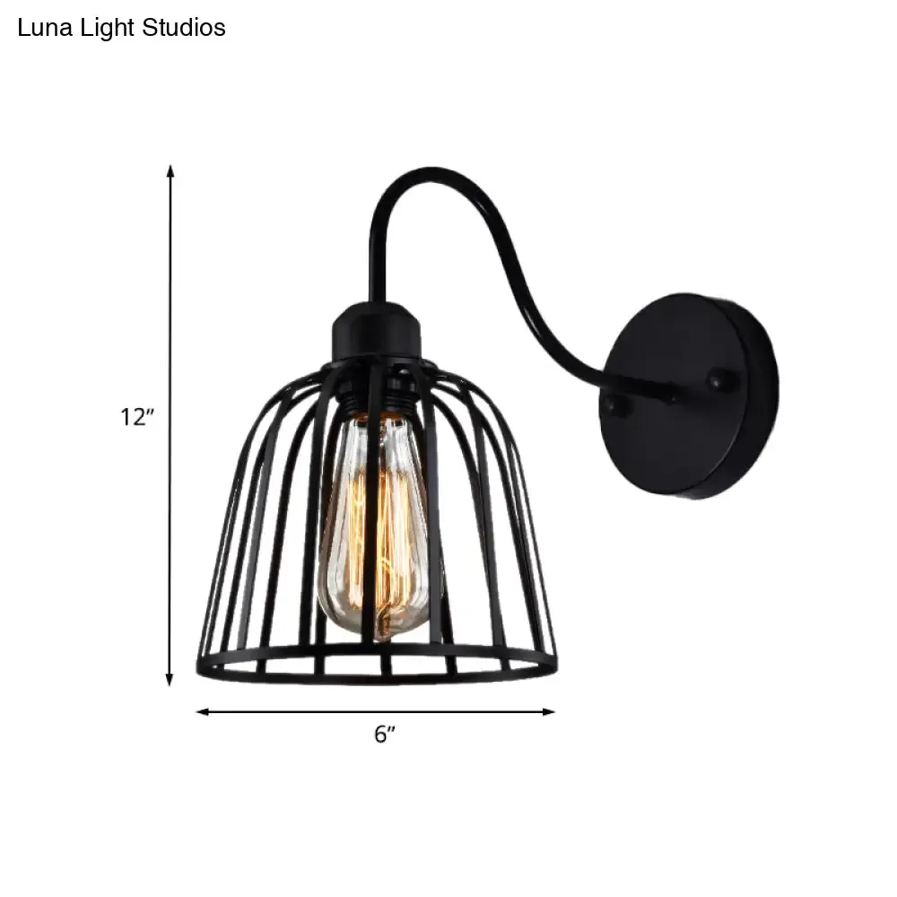 Industrial Black Wall Lamp with Gooseneck Arm and Metallic Cage - Perfect Bedside Mount Light