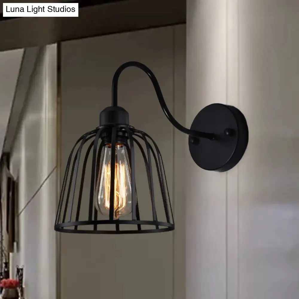 Industrial Black Wall Lamp with Gooseneck Arm and Metallic Cage - Perfect Bedside Mount Light