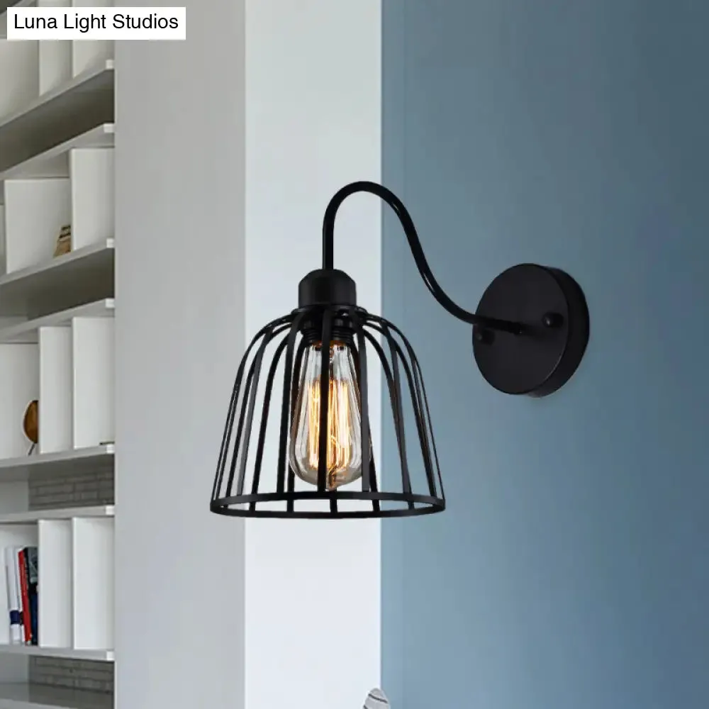 Industrial Black Wall Lamp with Gooseneck Arm and Metallic Cage - Perfect Bedside Mount Light