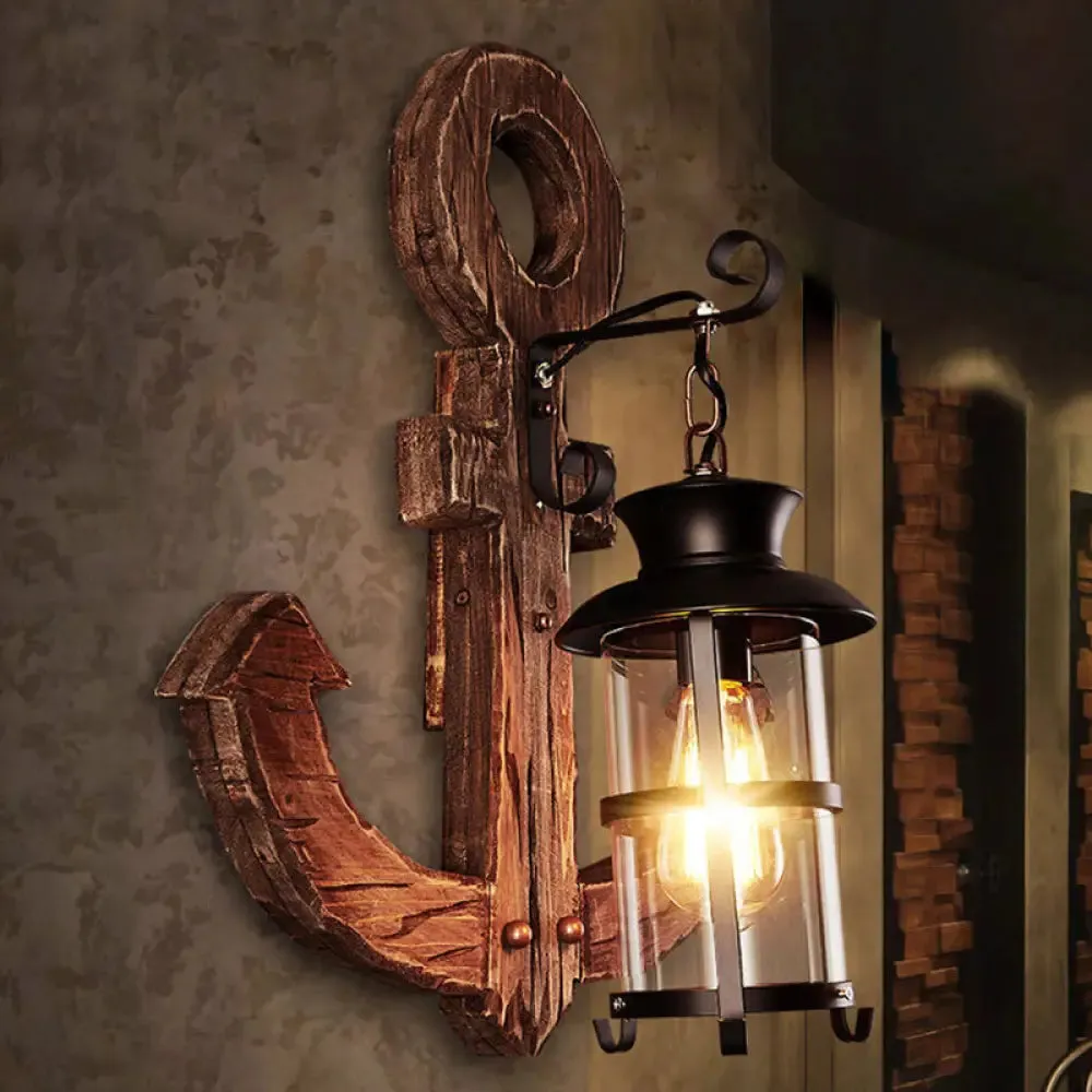 Industrial Bronze Wall Sconce with Clear Glass Cylinder and Wooden Anchor Backplate