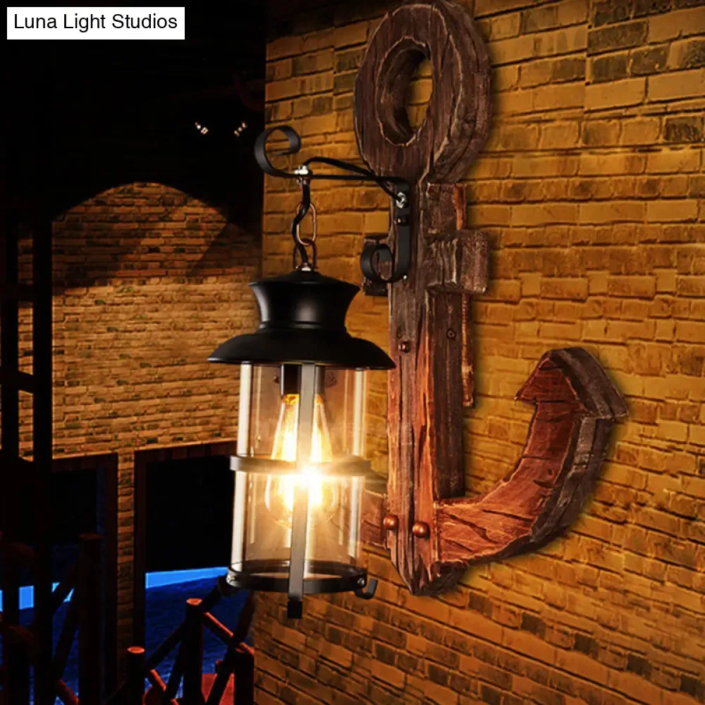 Industrial Bronze Wall Sconce with Clear Glass Cylinder and Wooden Anchor Backplate