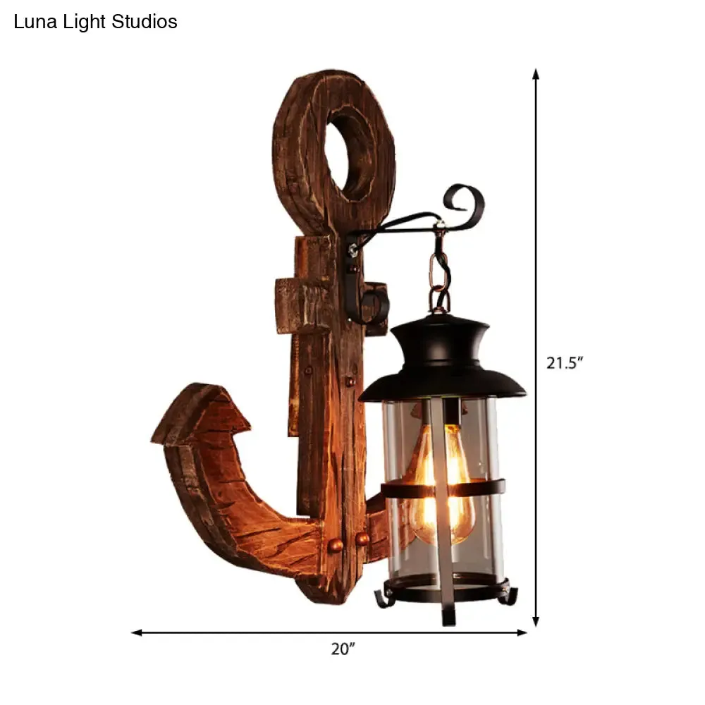 Industrial Bronze Wall Sconce with Clear Glass Cylinder and Wooden Anchor Backplate