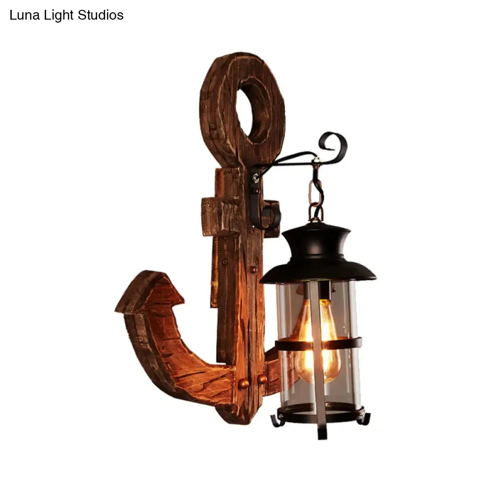 Industrial Bronze Wall Sconce with Clear Glass Cylinder and Wooden Anchor Backplate