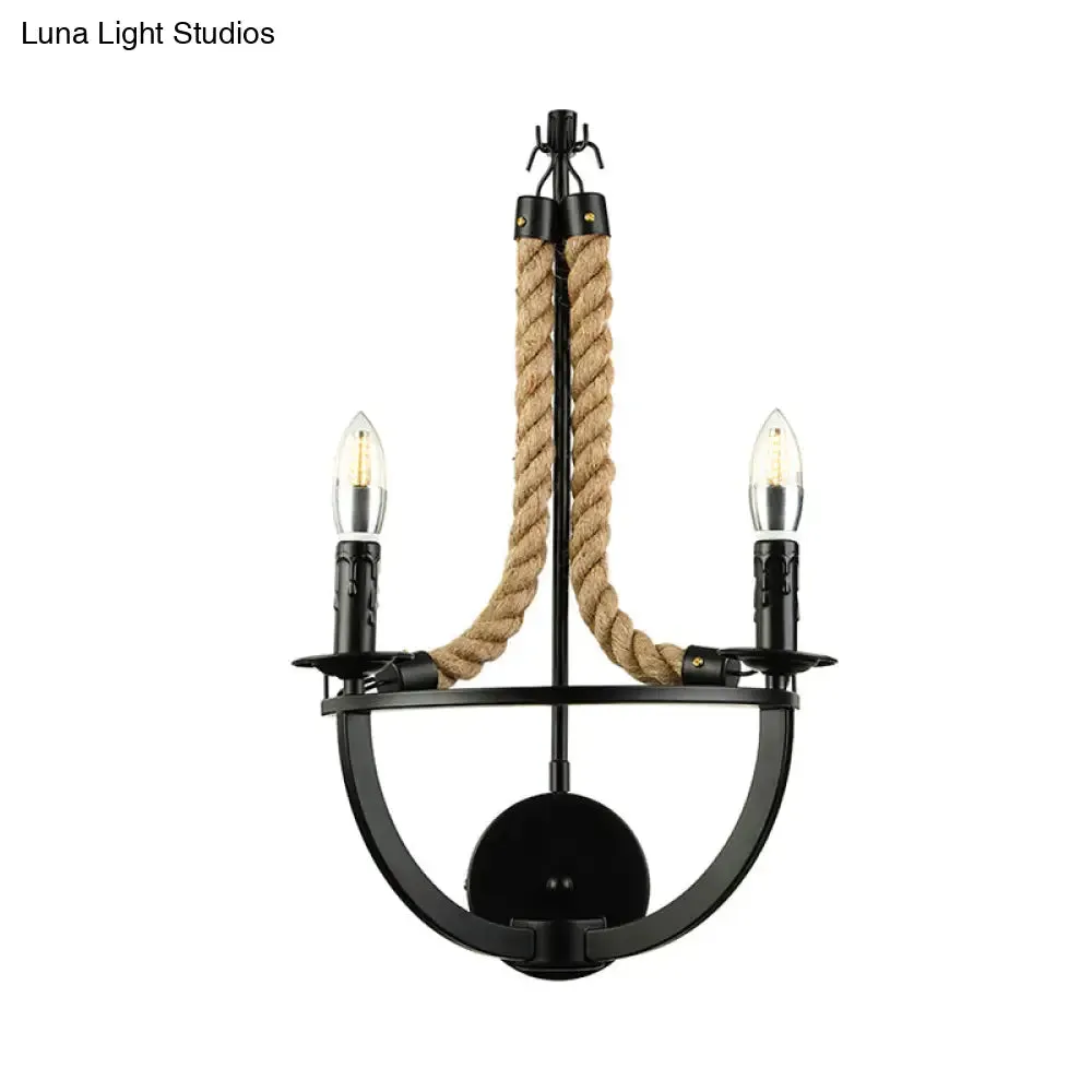 Industrial Manila Rope Wall Sconce with Open Bulbs - 2 Lights in Black for Living Room