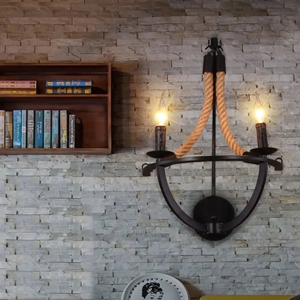 Industrial Manila Rope Wall Sconce with Open Bulbs - 2 Lights in Black for Living Room