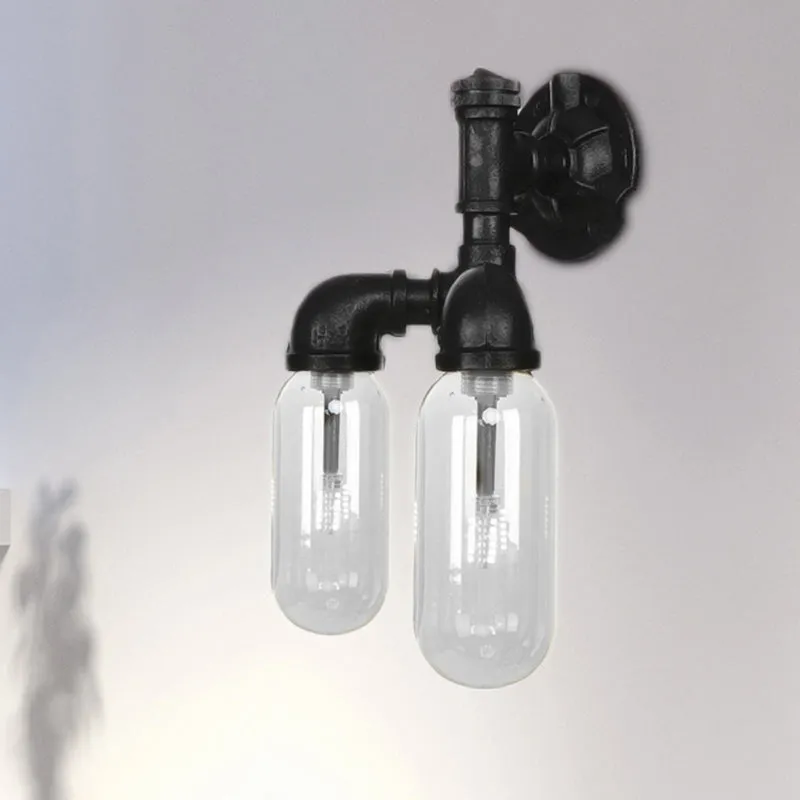 Industrial Metal Capsule Shade Wall Light Fixture with 2 Black Sconce Lamps and Pipe Design - Bedroom