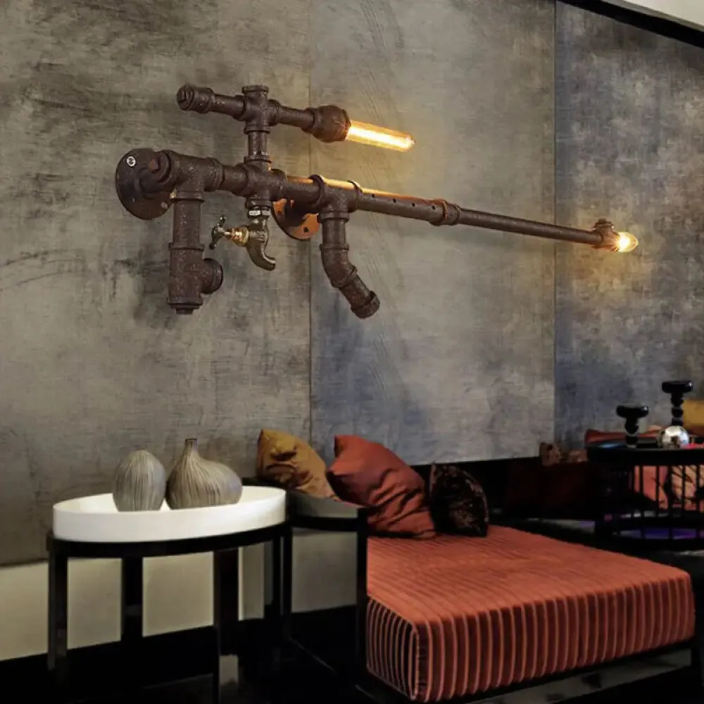 Industrial Metal Rust Wall Sconce with Gun-Shaped Design, 2 Bulbs, and Decorative Faucet - Warehouse Wall Mount Lighting