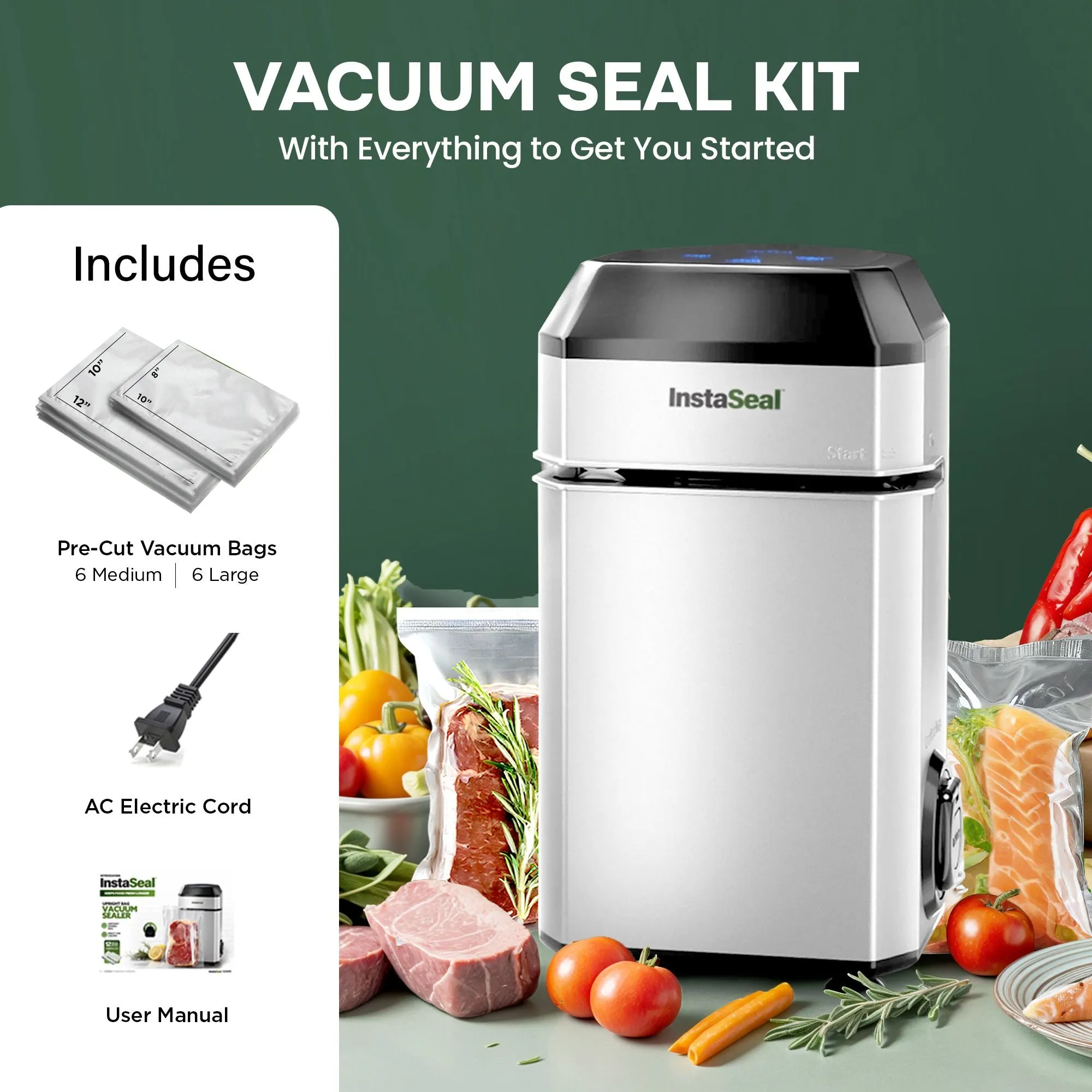 InstaSeal Vacuum Sealer, LED Touch Control, Automatic Air Sealer with Vacuum Bags, Patented Upright Food Saver