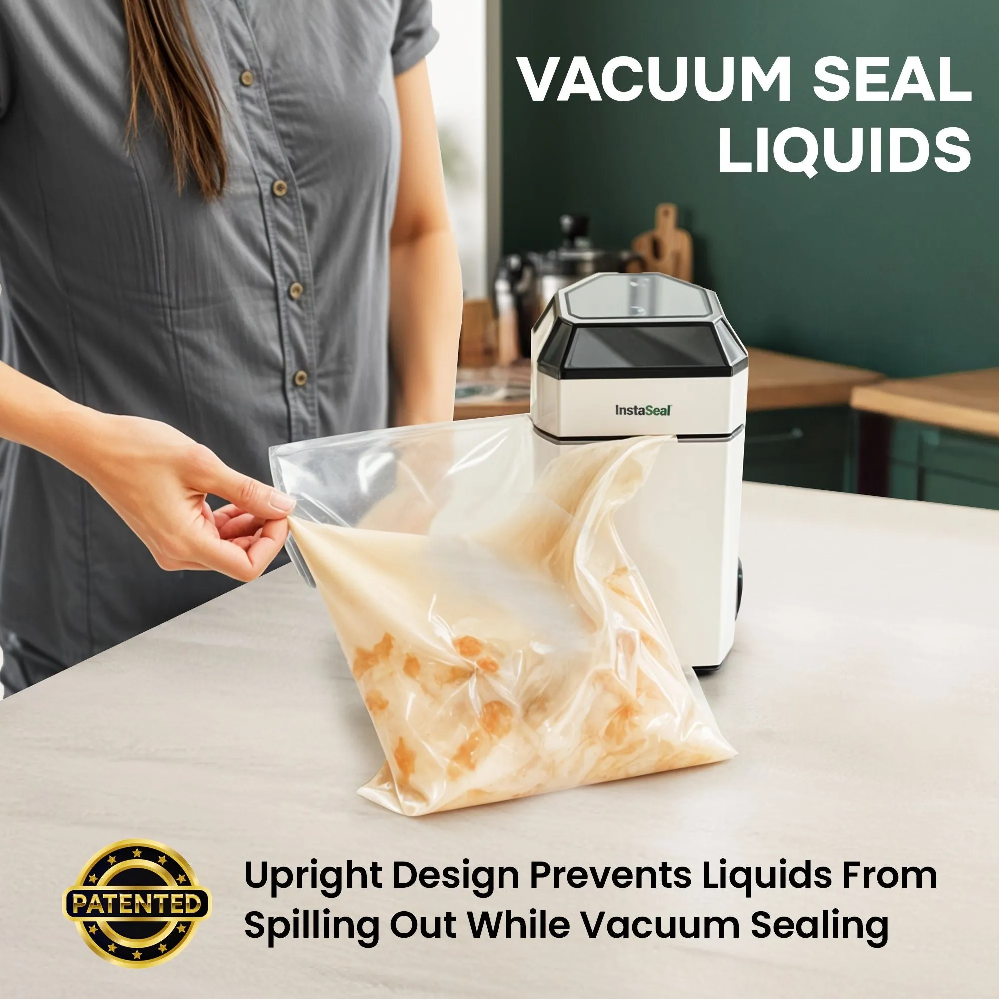 InstaSeal Vacuum Sealer, LED Touch Control, Automatic Air Sealer with Vacuum Bags, Patented Upright Food Saver