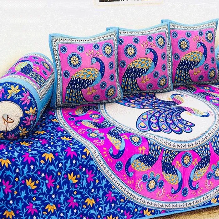 Jaipuri Design Single Bedsheet ( 100% cotton, 6pc set, Diwan set )