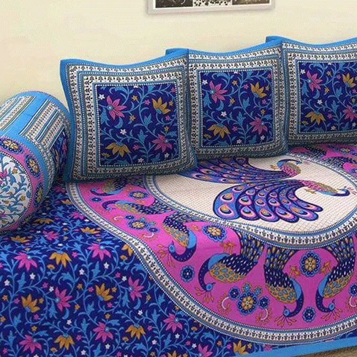 Jaipuri Design Single Bedsheet ( 100% cotton, 6pc set, Diwan set )