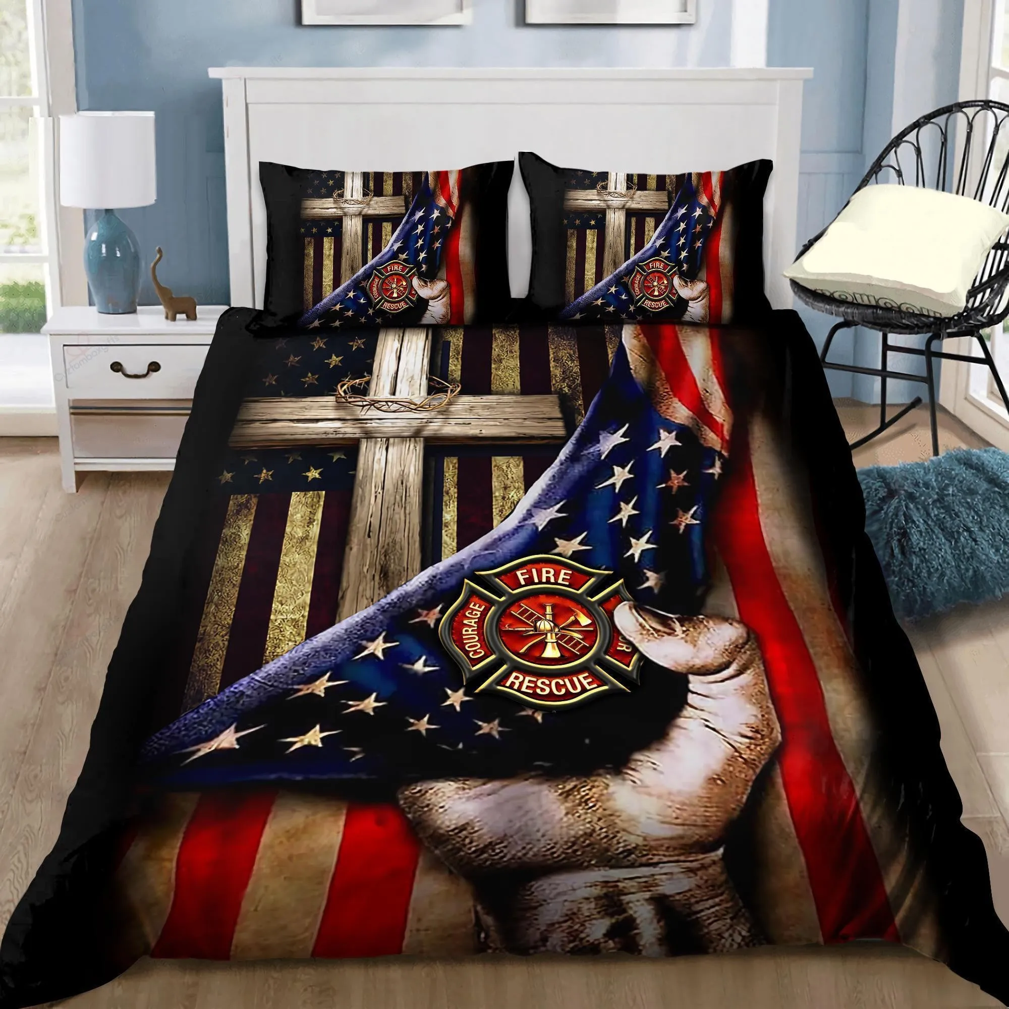 Jesus Christ Proud American Firefighter Jesus Bedding Set - Christian Bedding Sets