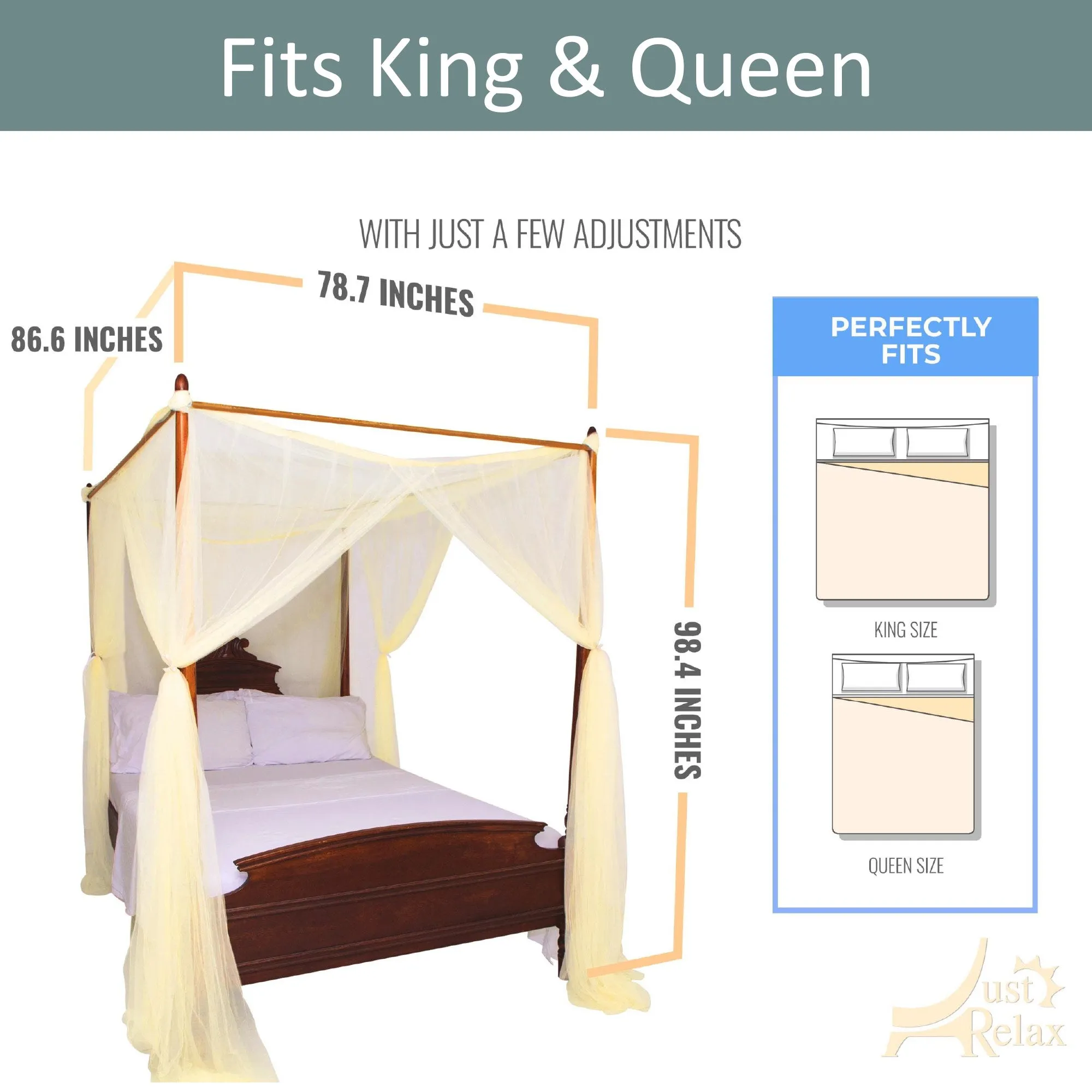 Just Relax Four Corner Post Elegant Mosquito Net Bed Canopy Set, Yellow, Full-Queen-King