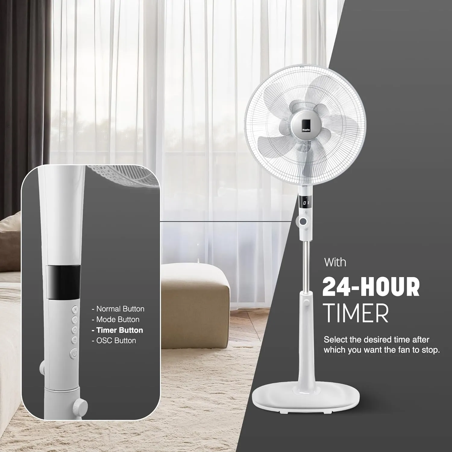 KEPLIN 16 Inch Pedestal Fan 26-Speed, 10 Blades Standing Fan, Remote Control & LED Display Adjustable Height, Turbo Wind Speed,3 Modes, 24-Hour Timer & 90° Oscillation for Home,Office & Bedroom