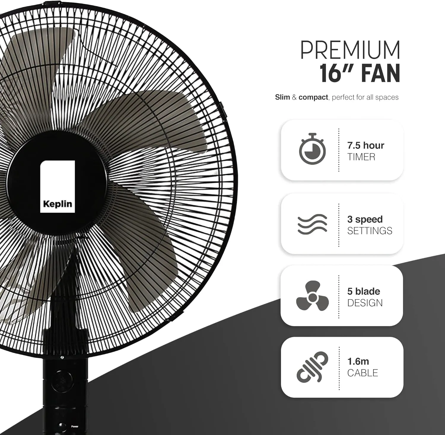 KEPLIN Pedestal Fan with Turbo Wind and Remote Control - 60W, 3-Speed Settings, 7.5-Hour Timer, Oscillating, Adjustable Height and Tilt Head - Ideal fans for Home or Office