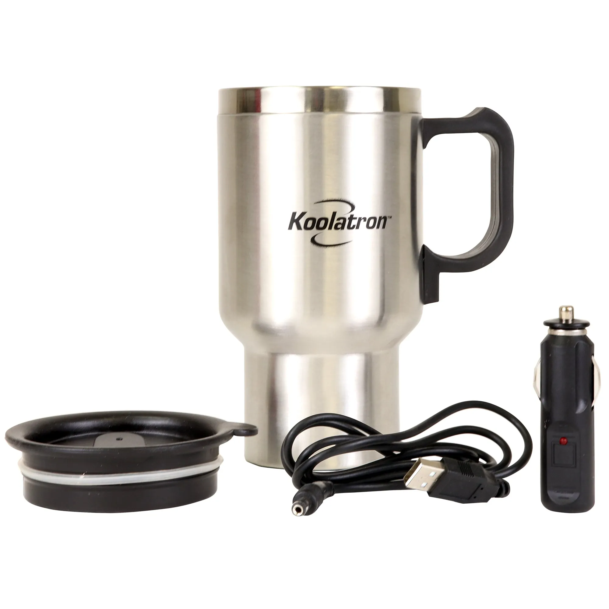 Koolatron 12V USB Heated Insulated Travel Mug, 17 oz (500 mL), Stainless Steel Portable Thermal Tumbler for Hot or Cold Beverages, Silver and Black, for Car, SUV, Truck, Office, Home, Dorm