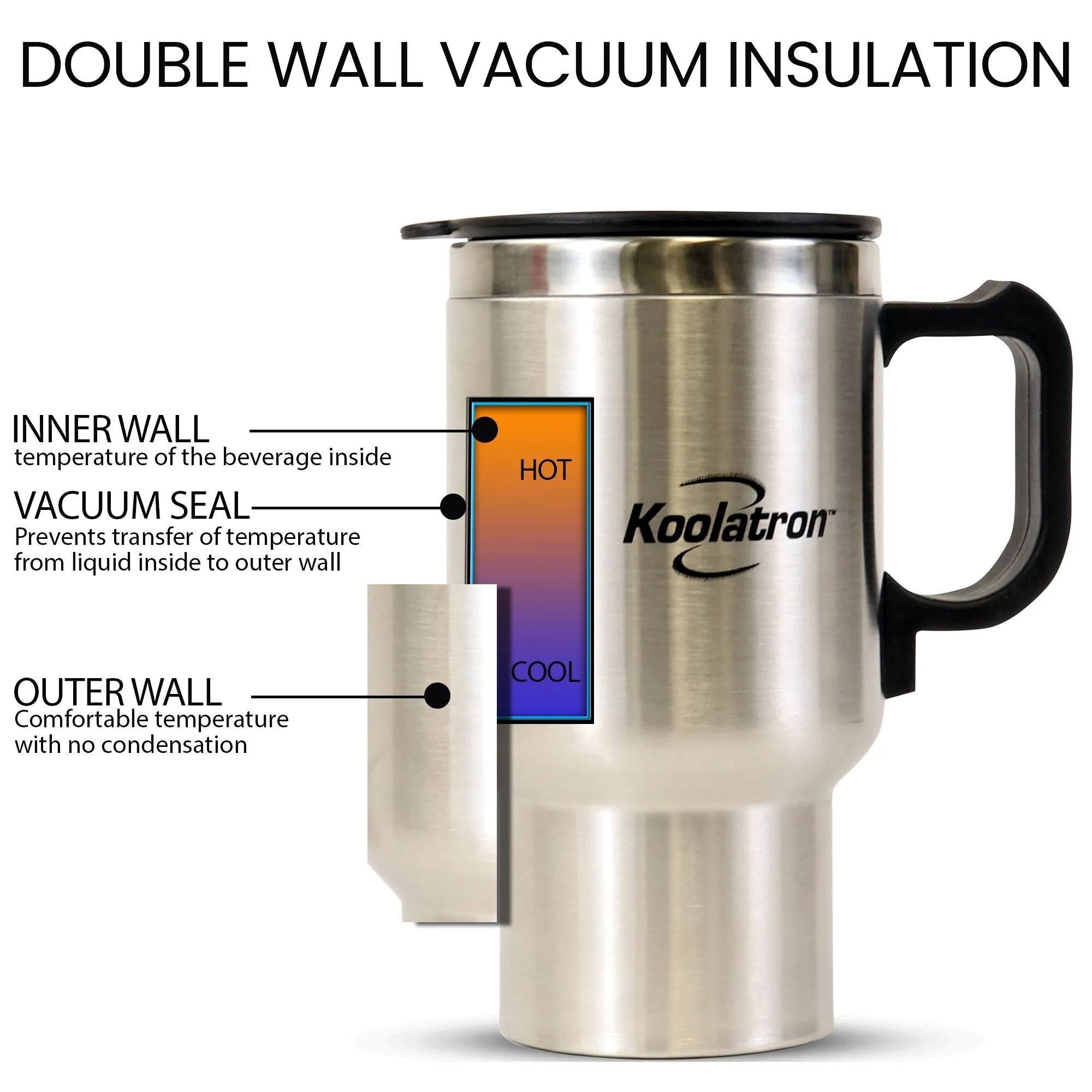 Koolatron 12V USB Heated Insulated Travel Mug, 17 oz (500 mL), Stainless Steel Portable Thermal Tumbler for Hot or Cold Beverages, Silver and Black, for Car, SUV, Truck, Office, Home, Dorm