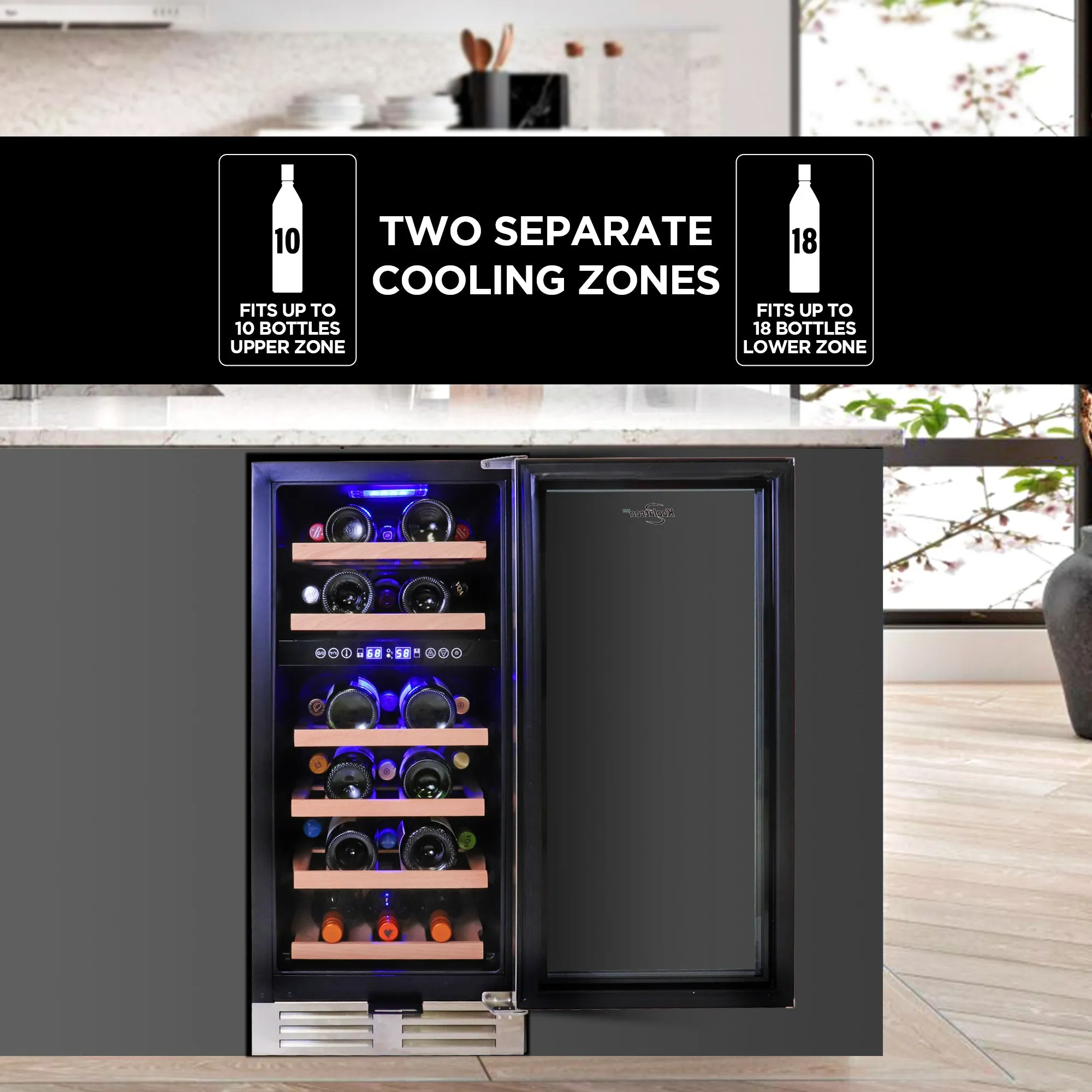 Koolatron 28 Bottle Dual Zone 15-Inch Under Counter Wine Cooler w/ Lock, Front-Venting Built-In or Freestanding Beverage Fridge, Stainless Steel Door Frame, UV Protective Glass, Beechwood Bottle Racks