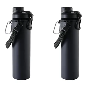 Kuber Industries Water Bottle | Steel Water Bottle for Daily Use | Vacuum Insulated Flask Water Bottle with Rope | Hot & Cold Water Bottle | 720 ML | LX-230601 | Pack of 2 | Black