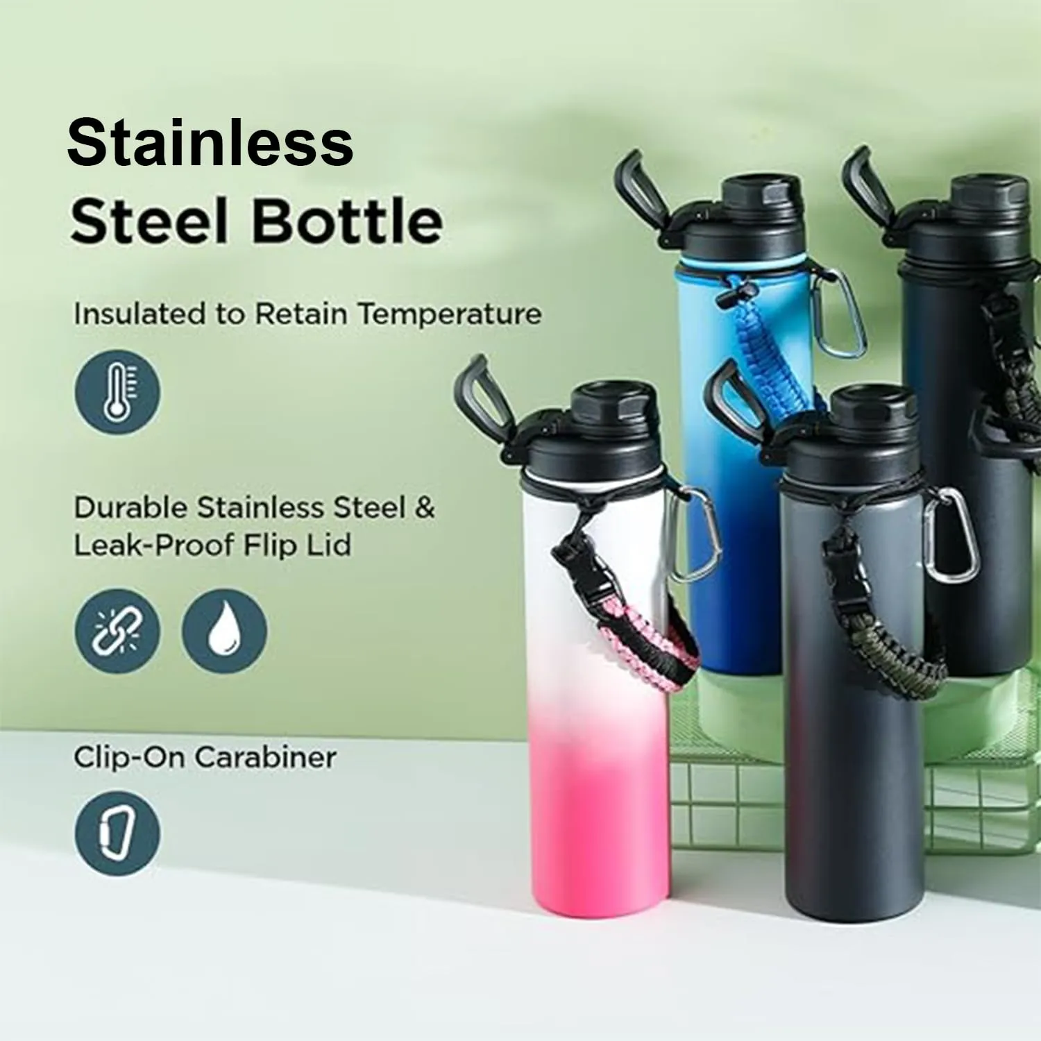 Kuber Industries Water Bottle | Steel Water Bottle for Daily Use | Vacuum Insulated Flask Water Bottle with Rope | Hot & Cold Water Bottle | 720 ML | LX-230601 | Pack of 2 | Black