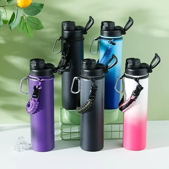 Kuber Industries Water Bottle | Steel Water Bottle for Daily Use | Vacuum Insulated Flask Water Bottle with Rope | Hot & Cold Water Bottle | 720 ML | LX-230601 | Pack of 2 | Black