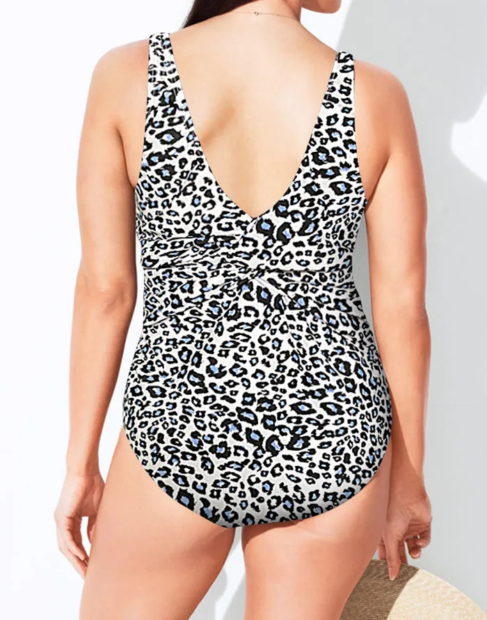 Leopard print Ruched V-Neck One Piece Swimsuit