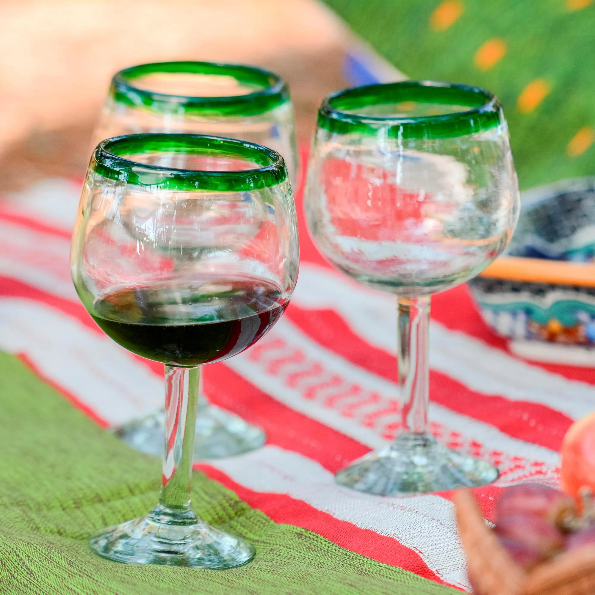 Lime Globe Hand Blown Green Rim Wine Glasses Set of 4 Mexico