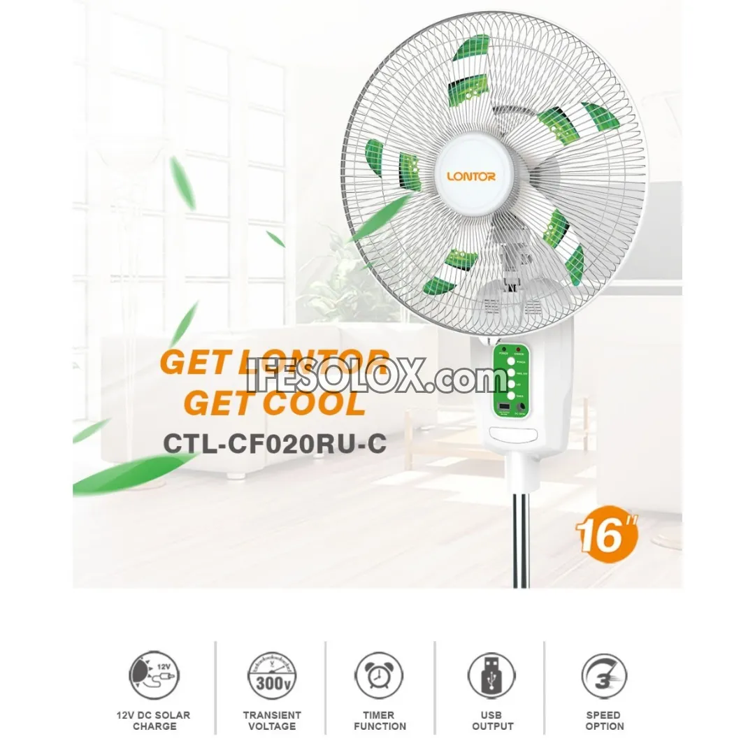 LONTOR 16" Rechargeable Standing Solar Fan with 5-Blades, Remote and Night Light (CTL-CF020RU-C) - Brand New