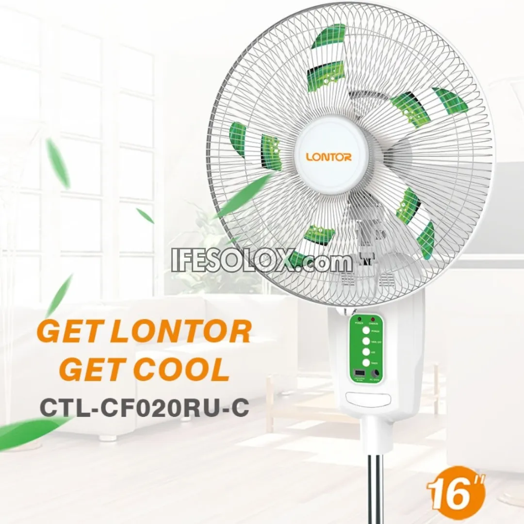 LONTOR 16" Rechargeable Standing Solar Fan with 5-Blades, Remote and Night Light (CTL-CF020RU-C) - Brand New