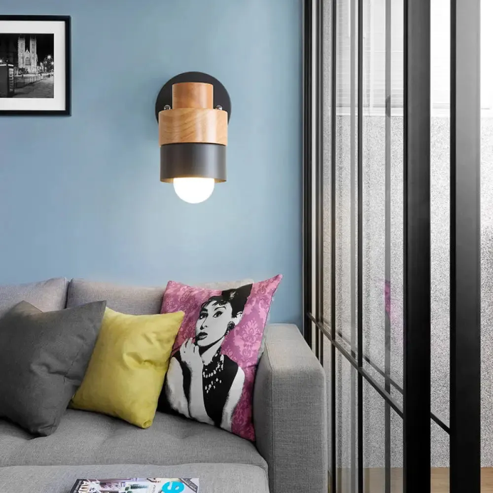 Modern 1-Light Rotatable Metal & Wood Wall Sconce in Black/White