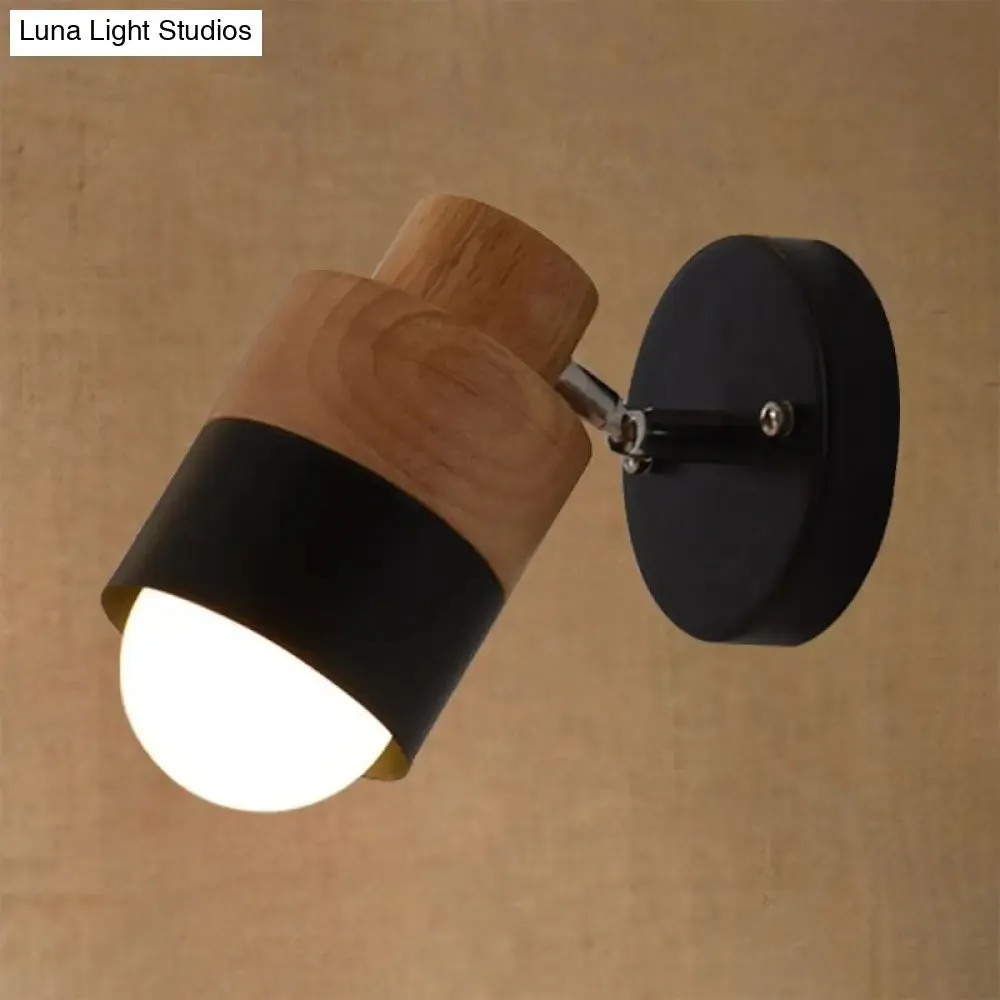 Modern 1-Light Rotatable Metal & Wood Wall Sconce in Black/White