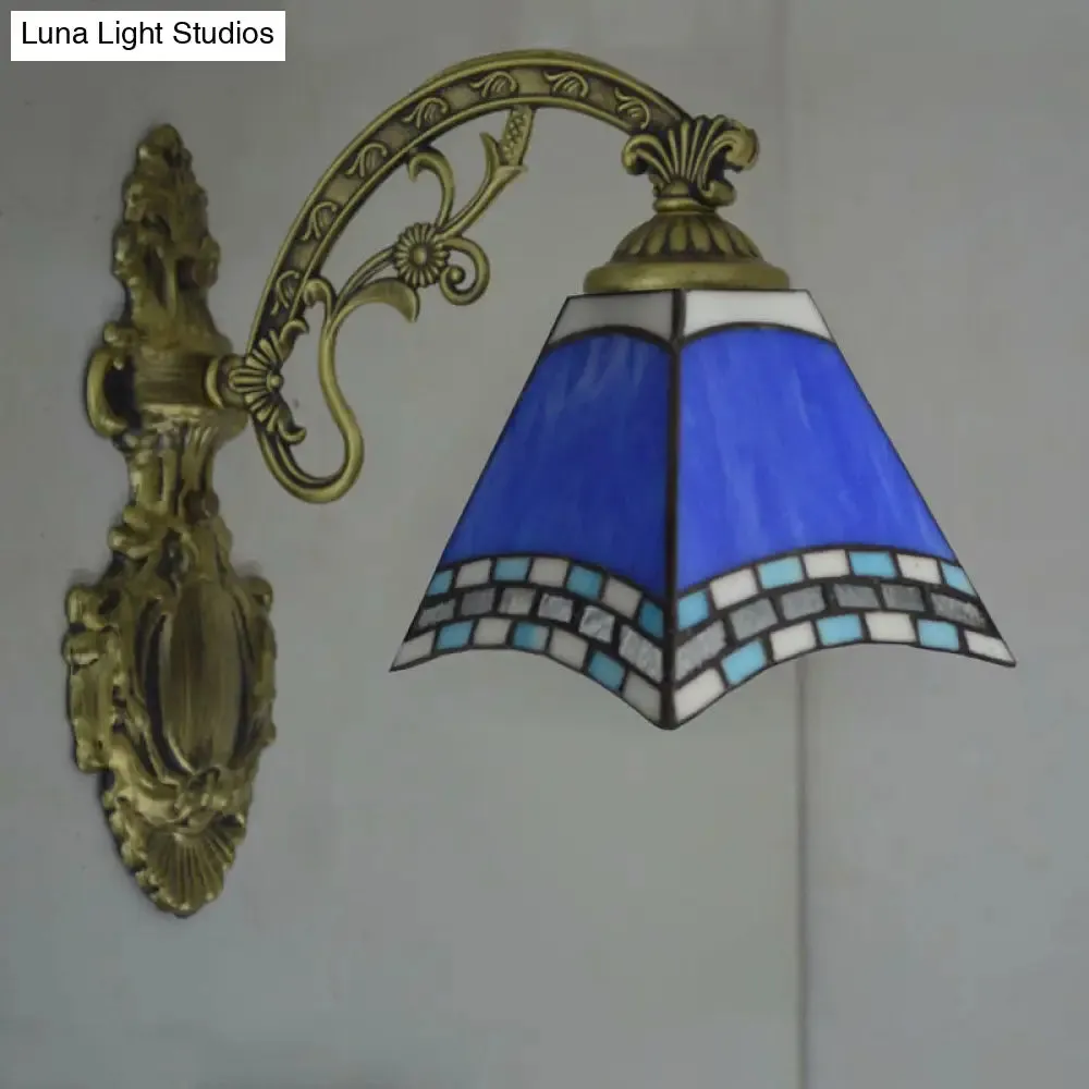 Modern Blue Cut Glass Pyramid Wall Light with Mediterranean Brass Finish and Curved Arm - Wall Mounted Lamp