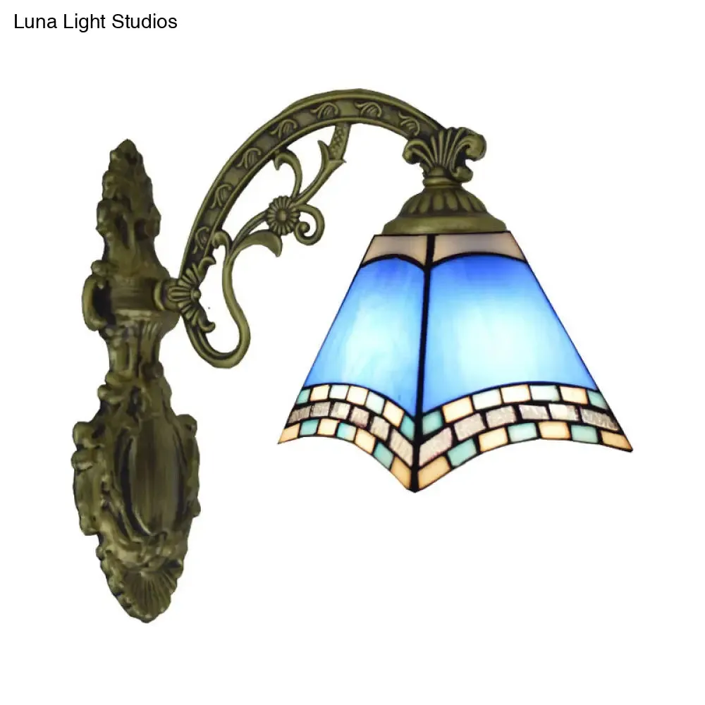 Modern Blue Cut Glass Pyramid Wall Light with Mediterranean Brass Finish and Curved Arm - Wall Mounted Lamp