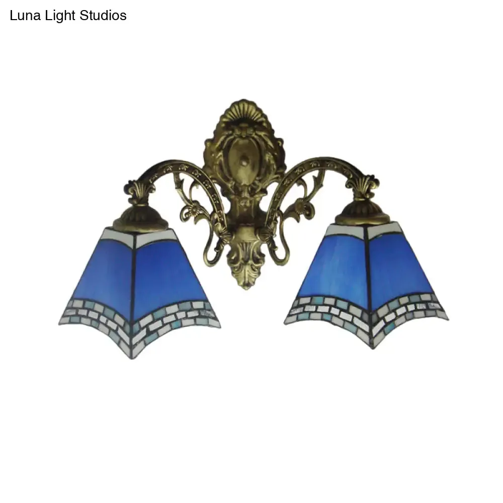 Modern Blue Cut Glass Pyramid Wall Light with Mediterranean Brass Finish and Curved Arm - Wall Mounted Lamp