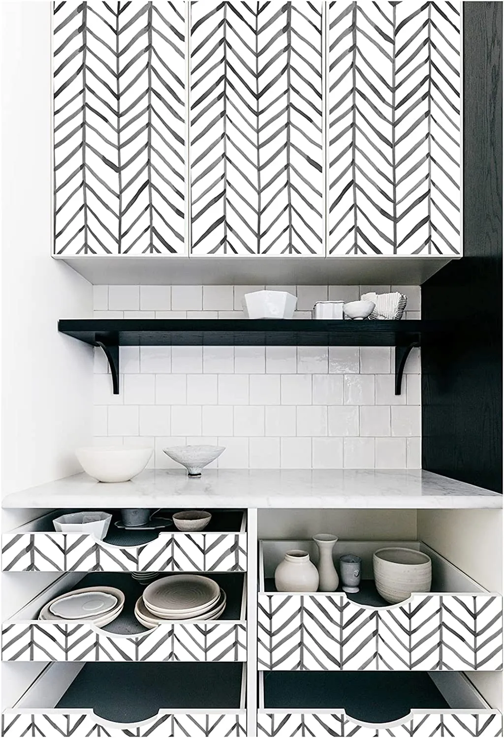 Modern Stripe Peel and Stick Wallpaper Herringbone Black White Vinyl