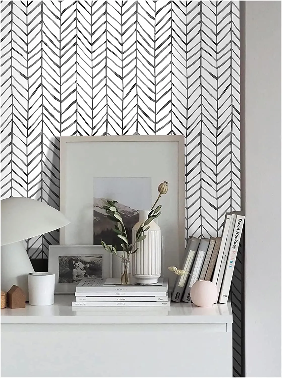 Modern Stripe Peel and Stick Wallpaper Herringbone Black White Vinyl