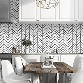 Modern Stripe Peel and Stick Wallpaper Herringbone Black White Vinyl