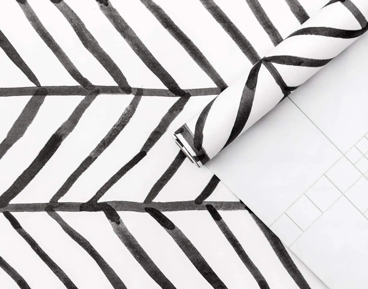 Modern Stripe Peel and Stick Wallpaper Herringbone Black White Vinyl