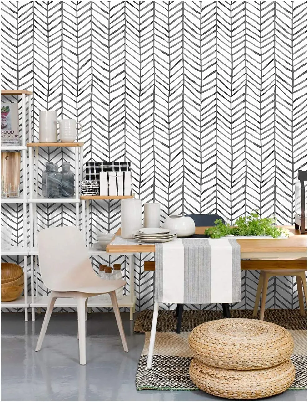 Modern Stripe Peel and Stick Wallpaper Herringbone Black White Vinyl