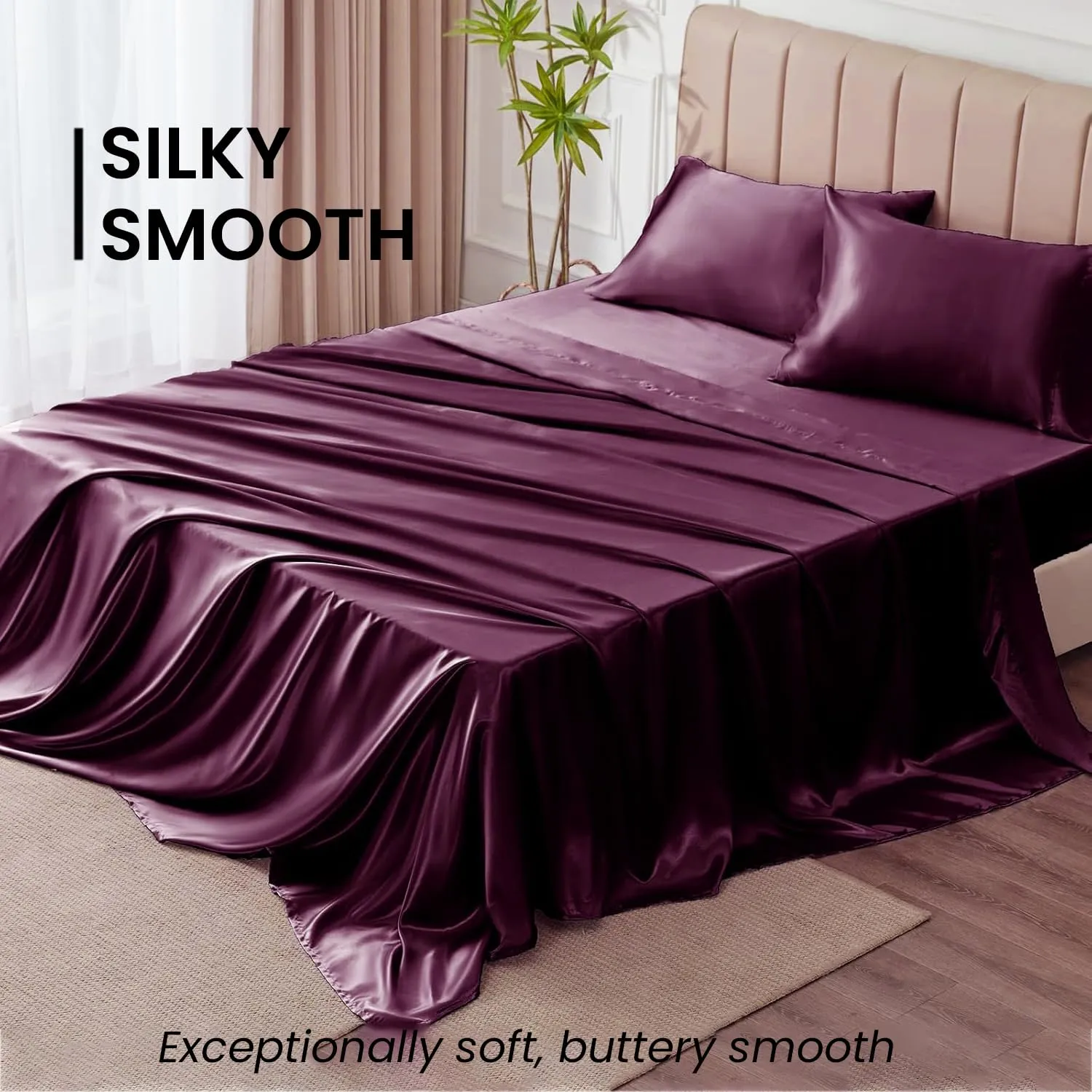 Mush 400TC Luxurious Satin Silk King Size Flat Sheet with 2 Pillow Covers - Silky Soft, Skin-Friendly, Breathable, Durable Premium Bedding | 108 X 108 Inches (Ruby Red, King Flat)