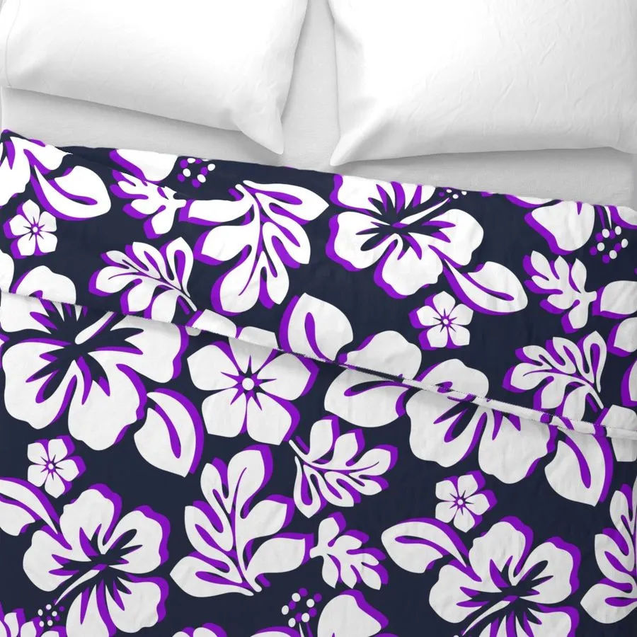 Navy Blue, White and Purple Hibiscus and Hawaiian Flowers Duvet Cover -Medium Scale