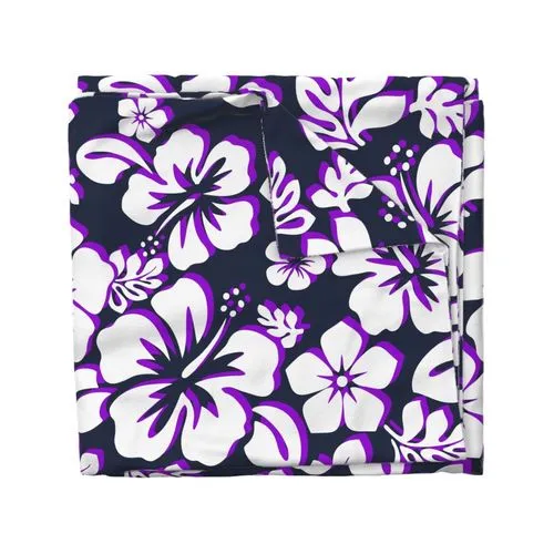 Navy Blue, White and Purple Hibiscus and Hawaiian Flowers Duvet Cover -Medium Scale