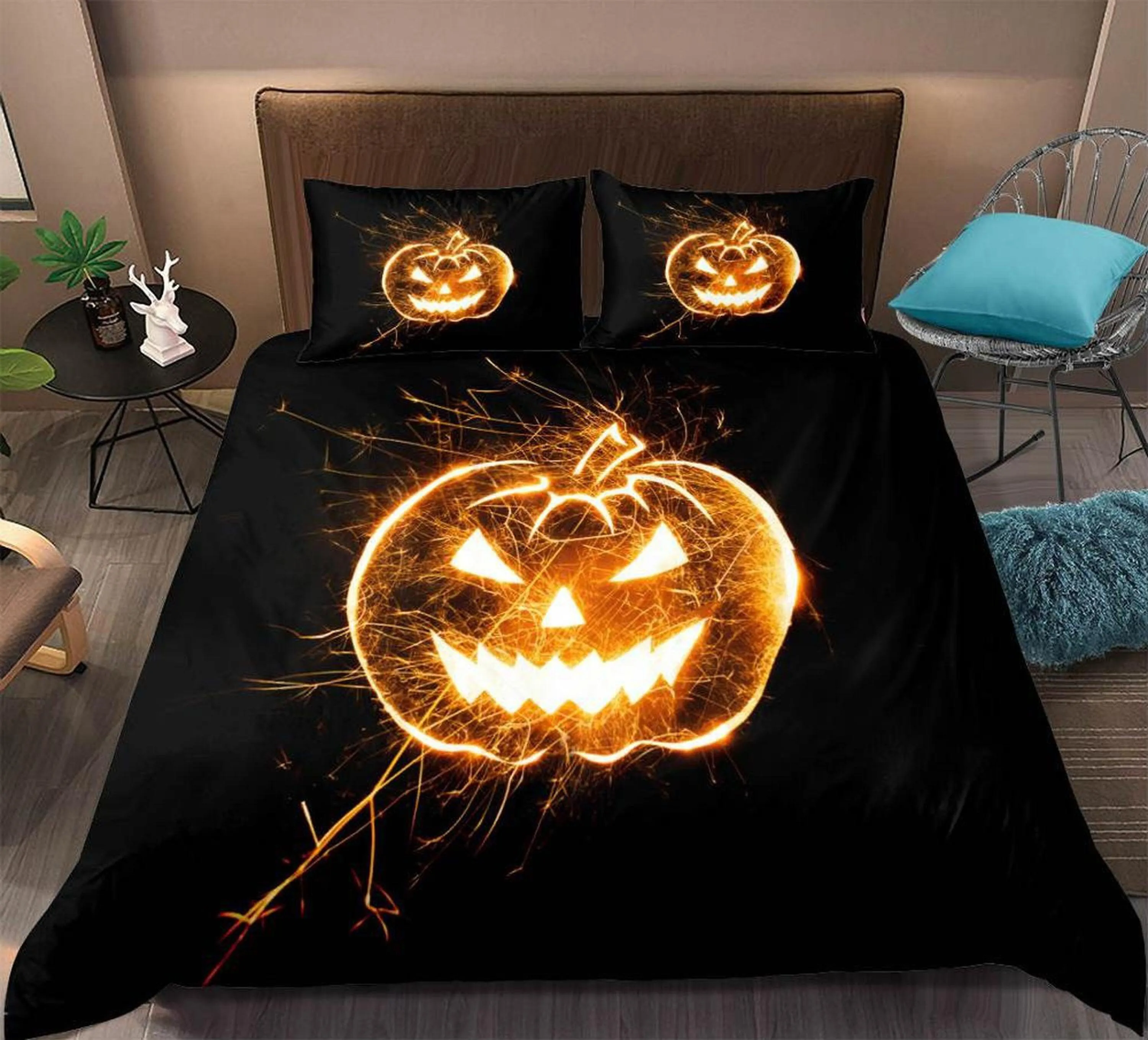 Pumpkin lantern sparks halloween bedding & pillowcase, black duvet cover, dorm bedding, goth decor toddler bedding, halloween gift