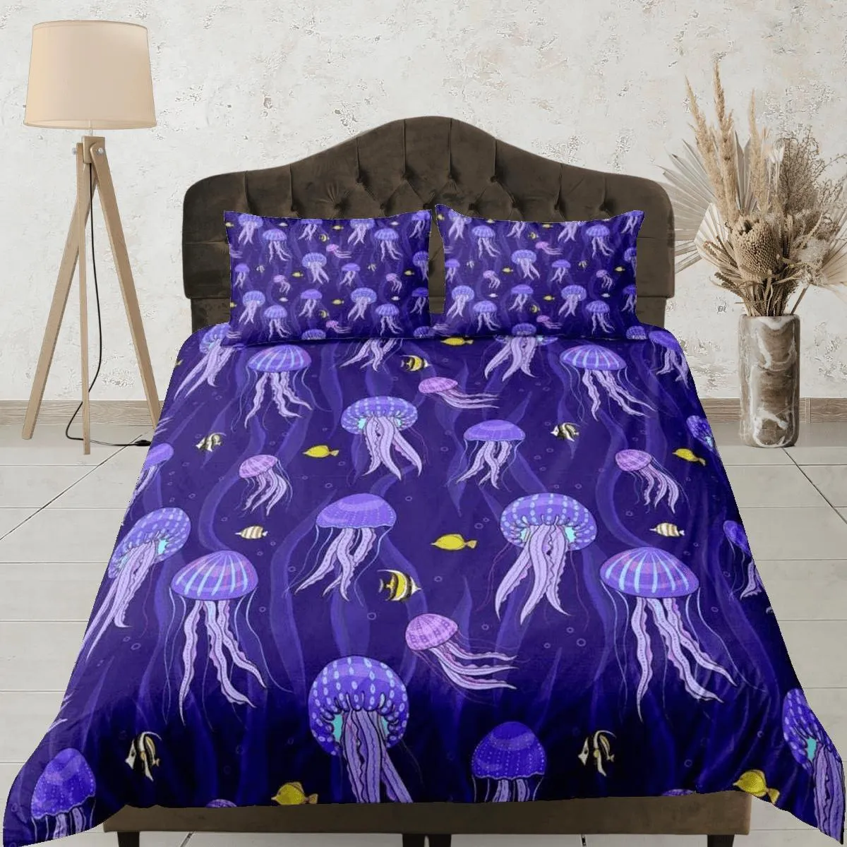 Purple jellyfish & yellow fish bedding duvet cover, ocean blush sea animal bedding set full king queen twin crib toddler, dorm bedding gift