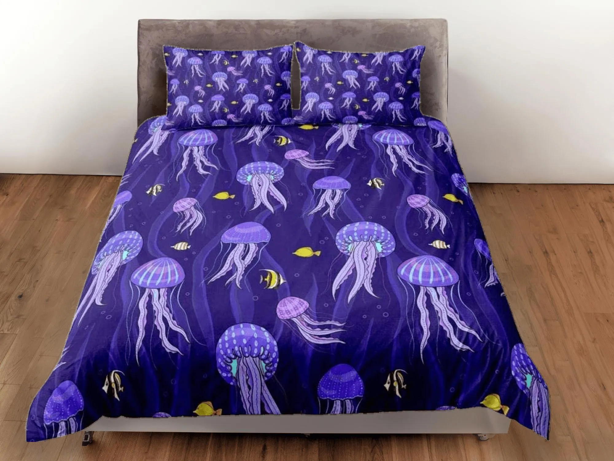 Purple jellyfish & yellow fish bedding duvet cover, ocean blush sea animal bedding set full king queen twin crib toddler, dorm bedding gift