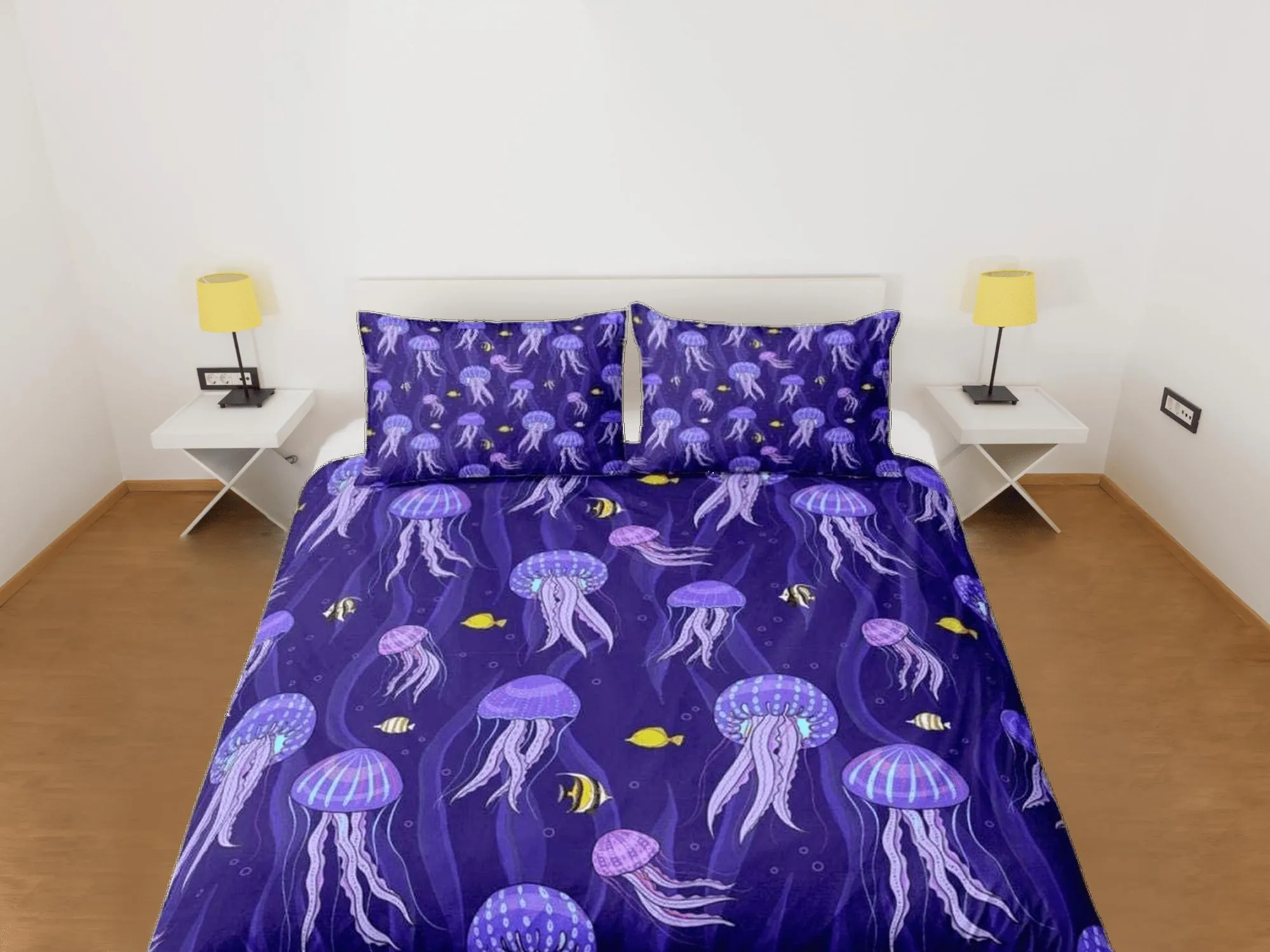 Purple jellyfish & yellow fish bedding duvet cover, ocean blush sea animal bedding set full king queen twin crib toddler, dorm bedding gift